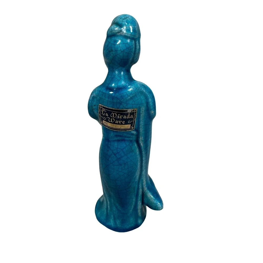 Vintage La Mirada Ware California Pottery Blue Crackle Glaze Woman Figurine 8